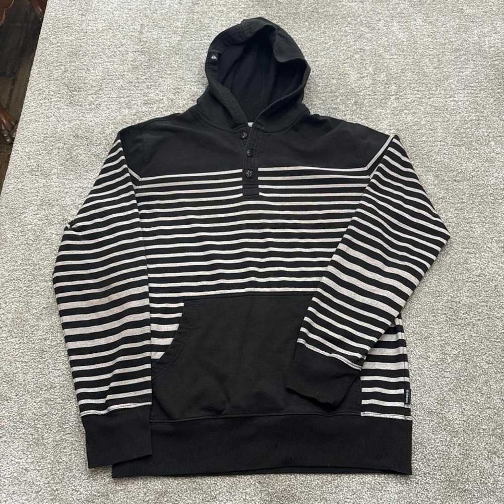 Quiksilver Surf Skate Hoodie Medium Black Gray Striped Pullover